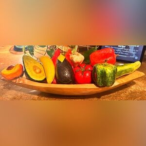 Vintage Mexican Papier-Mâché Fruit in solid wood carved bowl